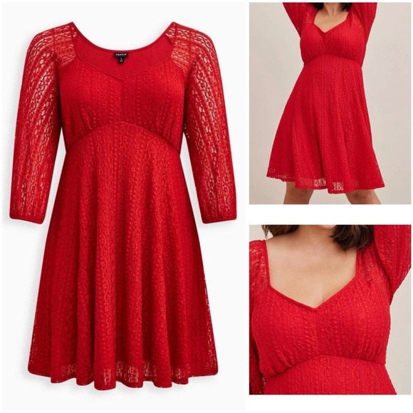 Torrid Plus Size 2 - 2X (18-20)  Mini Lace Fit Flare Dress Red 3/4 Sleeves NWT - Picture 1 of 16